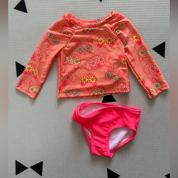 Cat & Jack|Baby girl Neon Pink Boho Floral Kids Swim Set bikini•••long sleeve - Picture 1 of 6